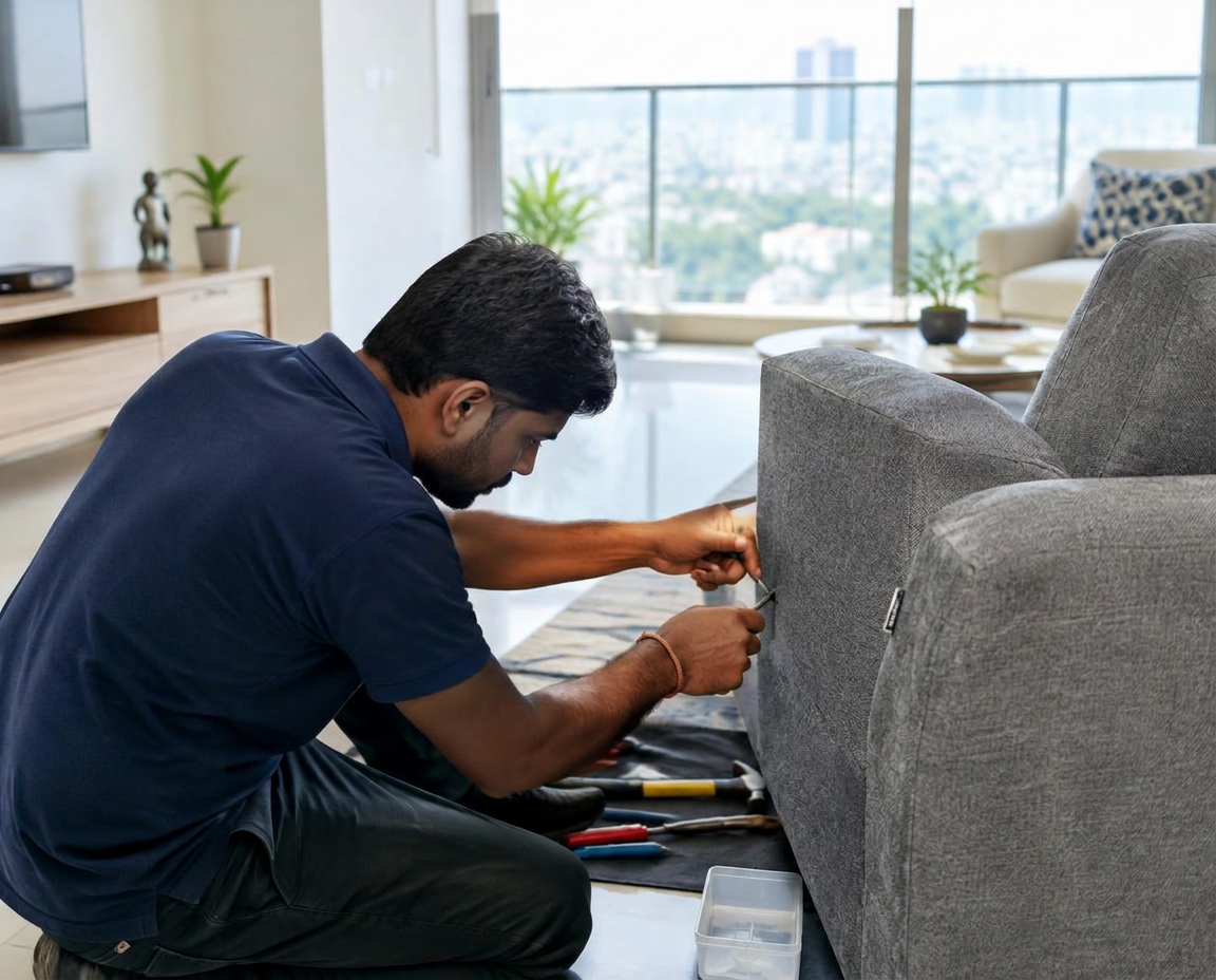 Technician repairing a grey fabric sofa in a Hyderabad apartment