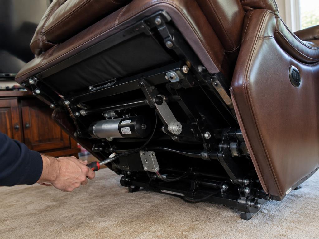 Underside of a leather electric recliner showing its motor and metal mechanism